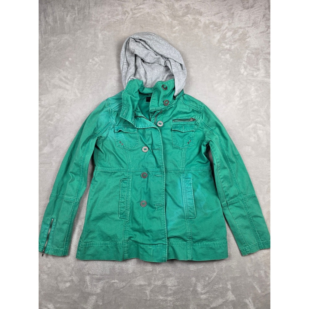 Hurley Jacket Women L Green Hooded Full Zip Button Front Utility Coat Distressed